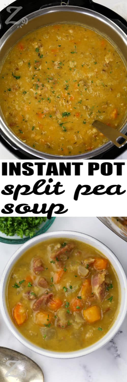 When you’re craving comfort food, Instant Pot split pea soup is the perfect dinner for chilly evenings and hungry families. Smoky ham, creamy split peas, and tender vegetables cook together into a rich homemade soup that tastes like it simmered all day. This hearty pressure cooker recipe is easy to make and filled with savory flavor in every bite. It is the kind of meal everyone looks forward to eating again. Make a pot for dinner tonight. #ourzestylife Instant Pot Split Pea Soup with Ham in the pot and in a bowl with a title
