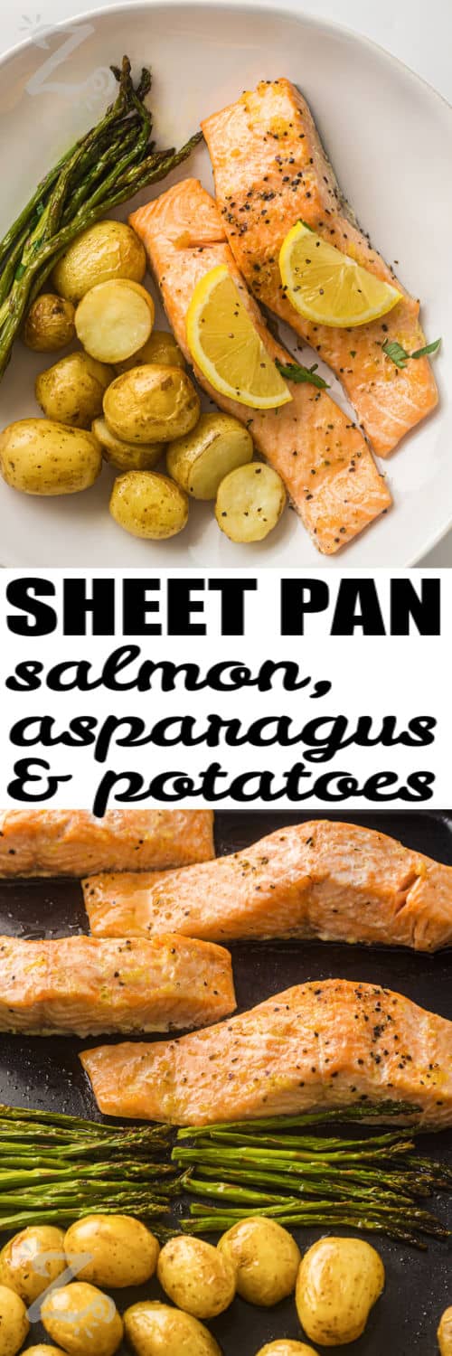 Sheet pan salmon is a fresh and flavorful dinner that delivers big results with simple ingredients. Flaky salmon fillets roast alongside potatoes and asparagus while a lemon garlic butter mixture adds bright, savory flavor. It is a complete meal that comes together easily and leaves fewer dishes behind. Try this healthy sheet pan dinner for your next family meal. #ourzestylife Sheet Pan Salmon with Asparagus and Roasted Potatoes on a sheet pan and plated with a title