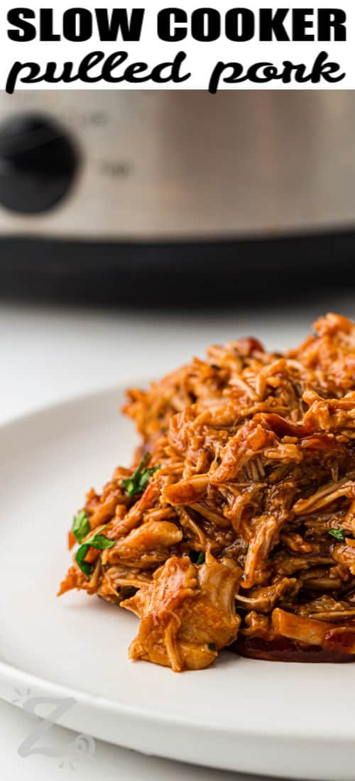 close up of Slow Cooker BBQ Pulled Pork on plate with writing