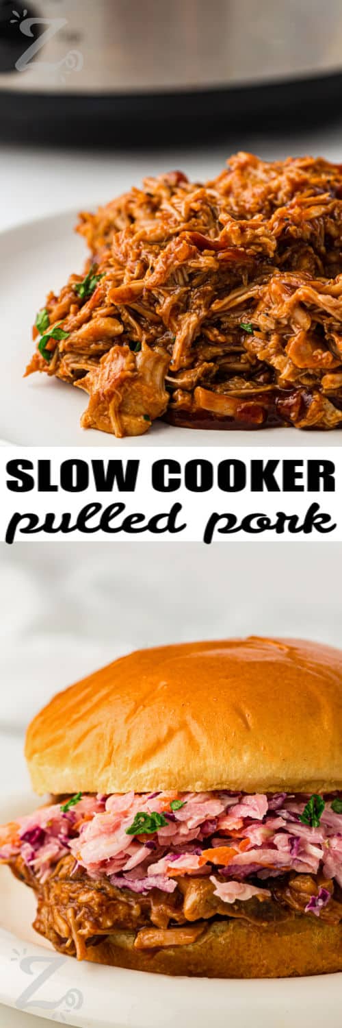 Slow Cooker BBQ Pulled Pork on a plate and in a sandwich with a title