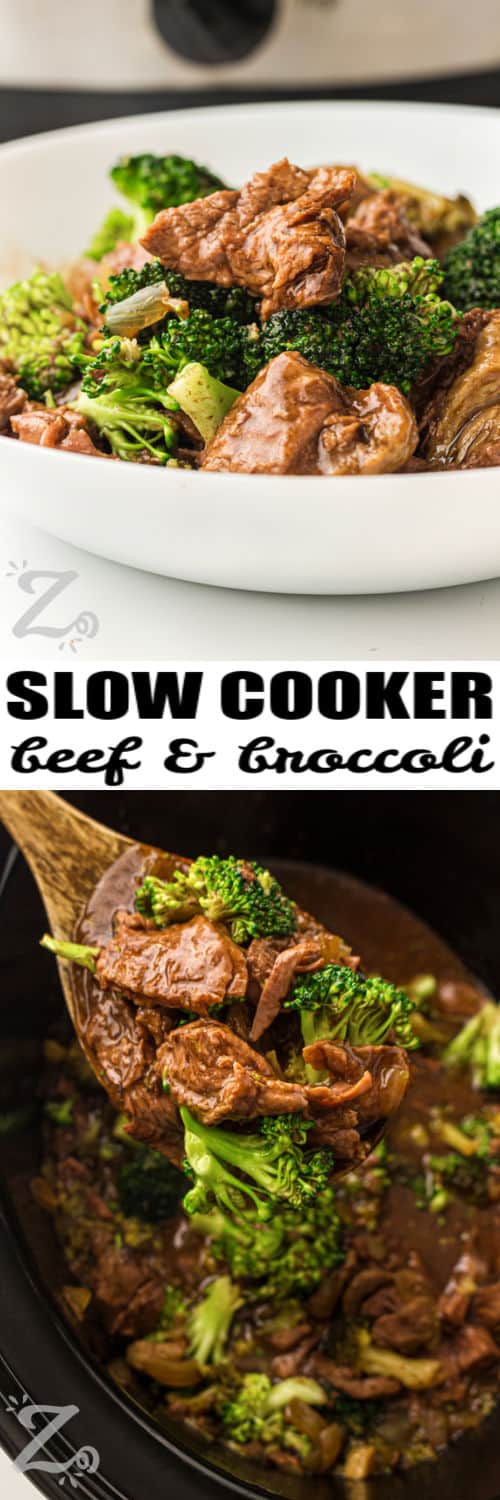 Slow cooker beef and broccoli creates a rich and savory meal that feels like your favorite takeout dish. It combines tender sliced beef with a garlic soy sauce that soaks into every bite. Brown sugar adds a touch of sweetness that balances the flavors perfectly. Serve it over rice or noodles for an easy, complete dinner. Try this recipe tonight for a simple and satisfying meal. #ourzestylife Slow Cooker Beef and Broccoli in the cooker and in a bowl with a title