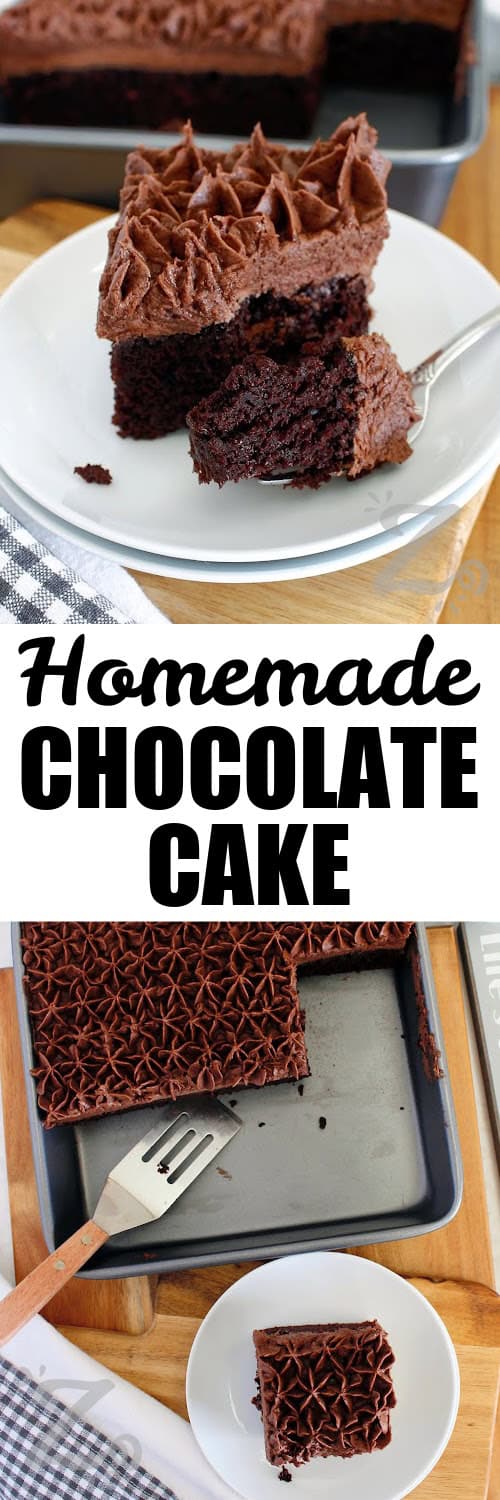 This is the best homemade chocolate cake recipe when you are looking for something simple, rich, and satisfying. Every bite is soft, moist, and full of deep chocolate flavor thanks to the cocoa powder and a touch of espresso. Easy enough for beginners, yet impressive enough for guests. Give it a try the next time you need a quick and easy dessert. #ourzestylife a slice of homemade chocolate cake with a forkful in the front of the cake, and cake on a plate and remainder of cake in a baking pan under the title