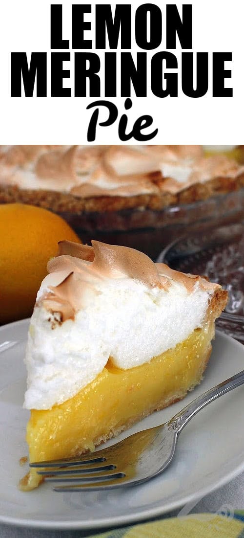 a slice of lemon meringue pie on a white plate, with a whole pie behind it, with a title
