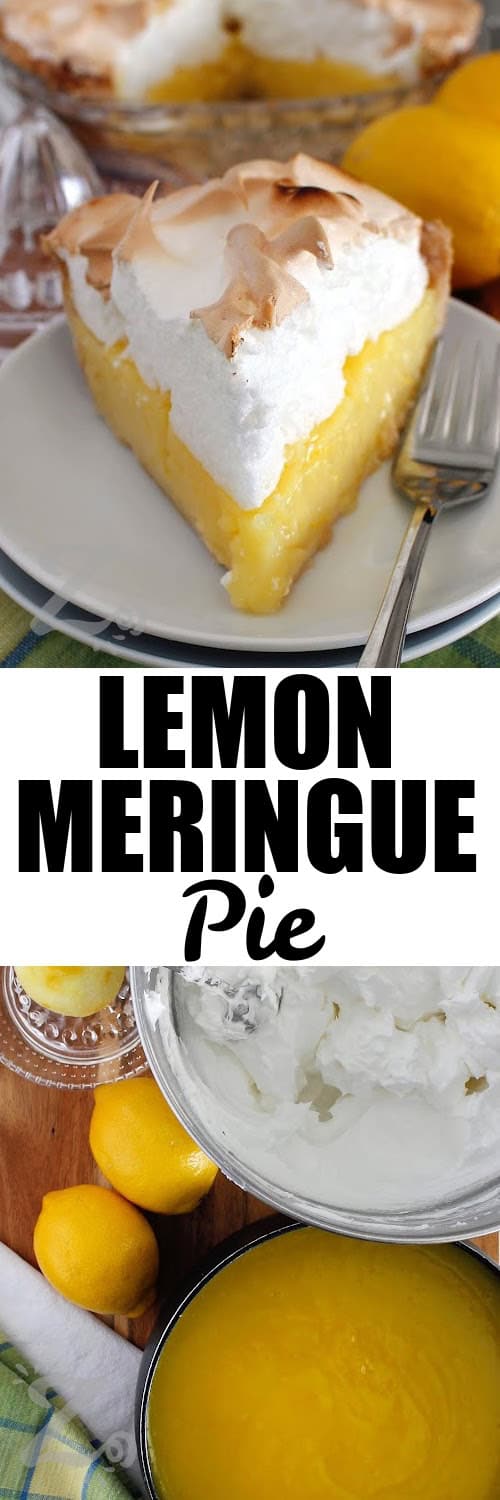 a slice of lemon meringue pie on a white plate, and process to make this recipe for lemon meringue pie before being assembled, under the title