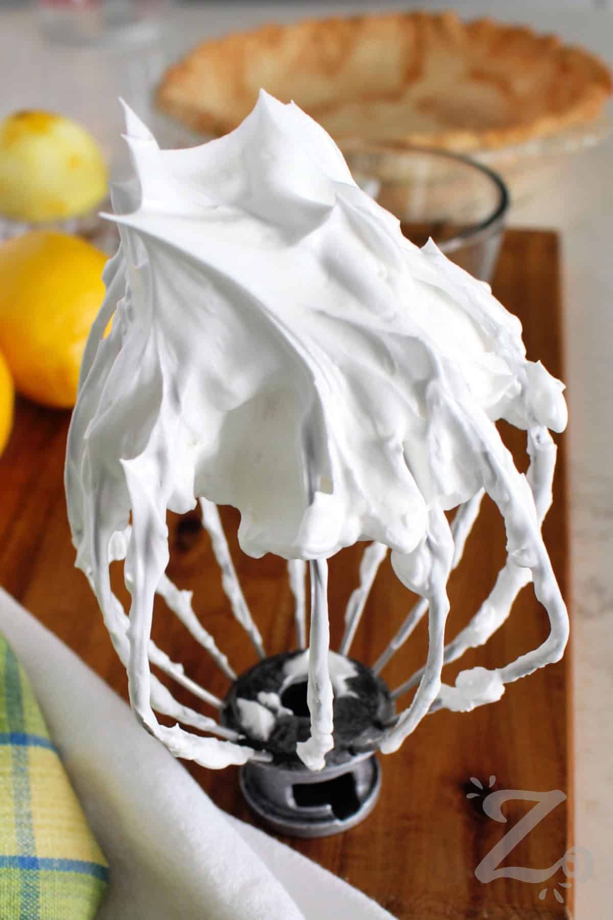meringue on a stand mixer whisk beater to make a recipe for lemon meringue pie