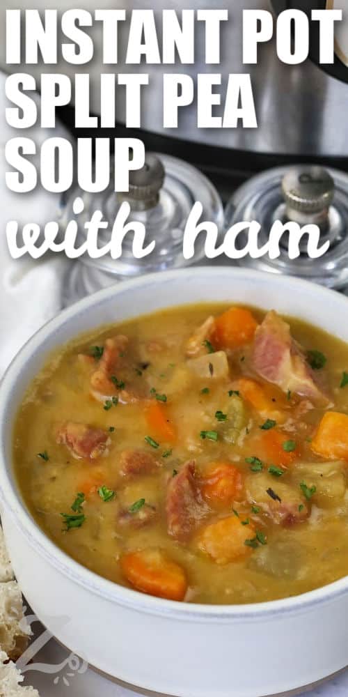 Instant Pot split pea soup is rich, hearty, and packed with smoky ham, creamy peas, and tender vegetables. This homemade soup recipe turns pantry staples into a filling family dinner that tastes comforting in every bite. The pressure cooker creates deep savory flavor while keeping this meal simple enough for busy nights. Every bowl is warm, satisfying, and perfect for cooler weather. Make this delicious recipe for supper tonight. #ourzestylife bowl of Instant Pot Split Pea Soup with Ham with writing