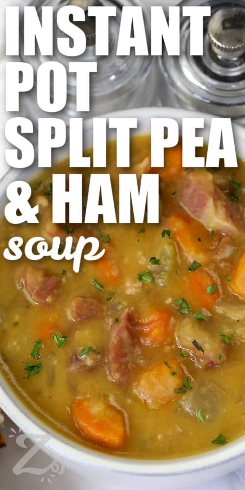 Instant Pot split pea soup brings together smoky ham, split peas, carrots, celery, and herbs in one hearty bowl. This easy pressure cooker soup recipe is thick, flavorful, and perfect for anyone craving homemade comfort food. It is a great way to use leftover ham while creating a warm and filling family dinner that everyone will enjoy. The rich broth and creamy peas make every spoonful satisfying. Try this comforting soup recipe tonight. #ourzestylife savory Instant Pot Split Pea Soup with Ham in a bowl with writing