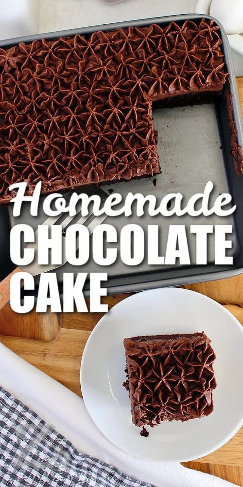 This homemade chocolate cake recipe delivers everything a good chocolate cake should. It is dense, moist, delicious, and so easy to make. Just assemble the ingredients, whisk everything together, and bake. Perfect for any occasion like birthdays or holidays, late night chocolate cravings, or the next time you need a simple dessert. #ourzestylife slice of homemade chocolate cake on a white plate, with remaining cake in a square baking pan beside it, with a title