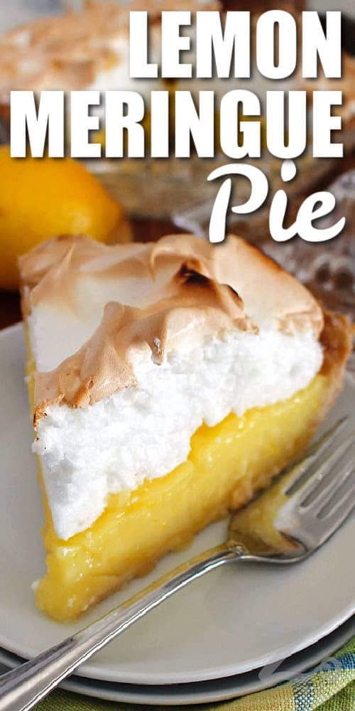 a slice of lemon meringue pie on a white plate with a fork, with a title