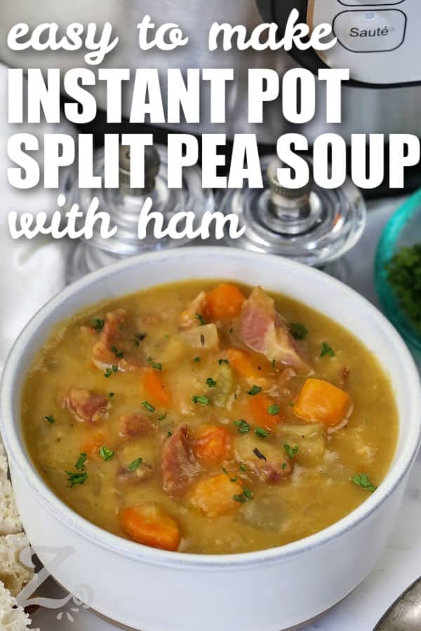Instant Pot split pea soup makes dinner simple while still tasting rich and homemade. Smoky ham, creamy peas, carrots, celery, and onion blend together into a thick and hearty soup recipe perfect for cooler weather. This easy pressure cooker meal is filling enough for the whole family and great for leftovers the next day. It is classic comfort food made with pantry staples you may already have at home. Give this hearty recipe a try tonight. #ourzestylife easy to make Instant Pot Split Pea Soup with Ham with writing