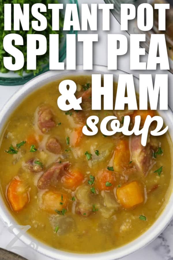 Nothing tastes better on a cold evening than Instant Pot split pea soup with smoky ham and tender vegetables. This easy homemade soup recipe is thick, rich, and packed with savory flavor from split peas, herbs, and broth. It is a comforting family meal that turns simple ingredients into something everyone will want seconds of. One bowl is warm, hearty, and completely satisfying from the first bite to the last. Make this cozy dinner tonight. #ourzestylife close up of Instant Pot Split Pea Soup with Ham with a title
