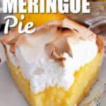 a slice of lemon meringue pie with forkful bitten out of the tip of the slice, with a title