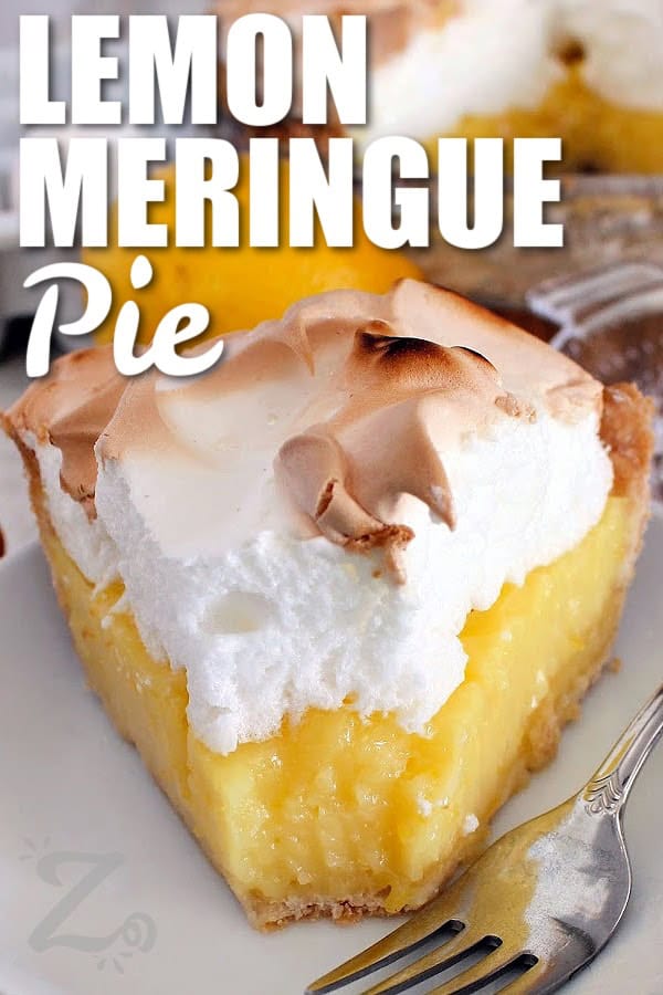 a slice of lemon meringue pie with forkful bitten out of the tip of the slice, with a title