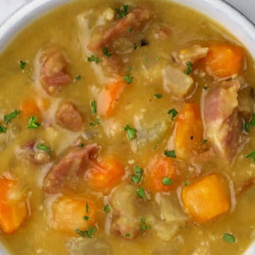 close up of Instant Pot Split Pea Soup with Ham in a bowl