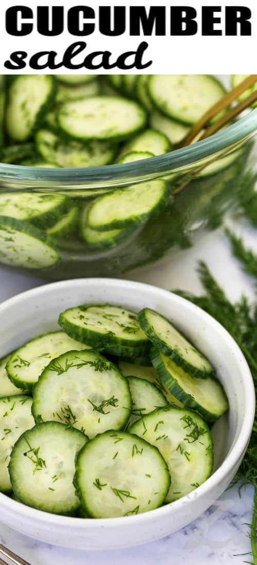 An easy cucumber salad like this one brings cool, refreshing flavor to any table. Fresh cucumbers stay crisp while the tangy dressing and chopped dill add plenty of delicious taste. It is an easy summer side dish that works well with everything from burgers to grilled fish and chicken. Save this recipe and serve it soon. #ourzestylife Easy Cucumber Salad in a bowl and plated with a title