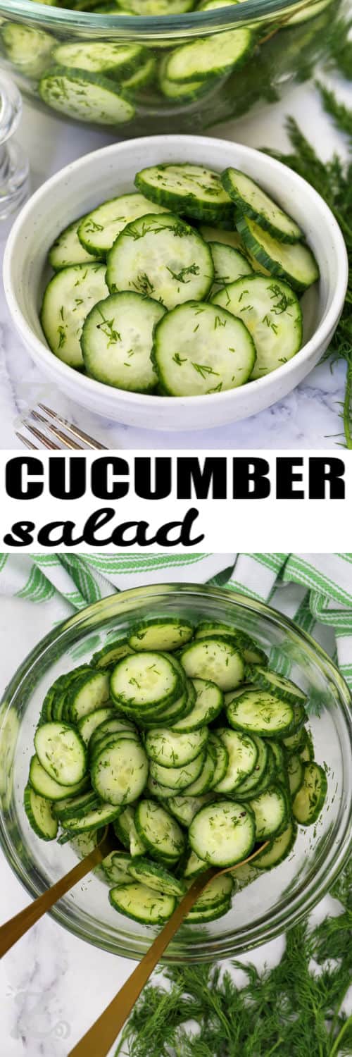 Every easy cucumber salad should be this fresh and delicious. Crisp English cucumbers soak up a light vinegar dressing with fresh dill and just a touch of sweetness for wonderful balance. This easy side dish complements grilled meats, sandwiches, and picnic favorites with bright flavor. Make this salad for your next gathering. #ourzestylife Easy Cucumber Salad mixed in a bowl and top photo plated with a title