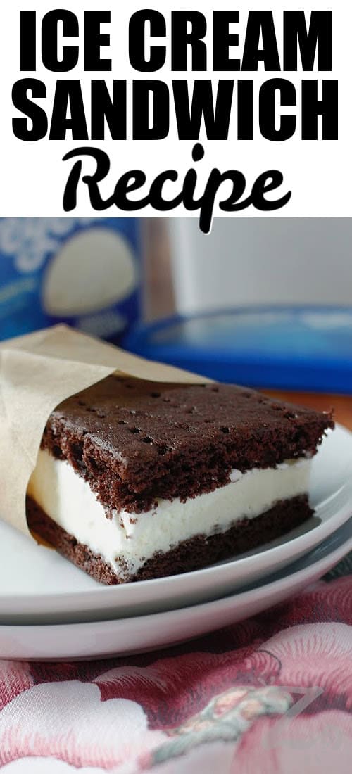one slice of ice cream sandwich recipe wrapped with parchment on a white plate, with writing