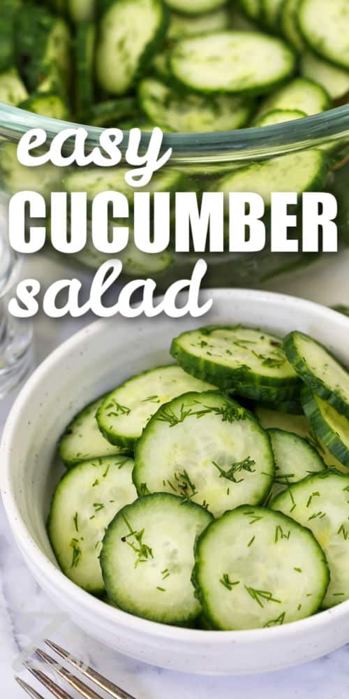 Try this easy cucumber salad for a light side dish that everyone will enjoy. Fresh dill and a tangy white wine vinegar dressing bring bright flavor to crisp English cucumbers without overpowering them. It is a classic summer salad that belongs on every picnic table and family dinner menu. Add this recipe to your favorites today. #ourzestylife Easy Cucumber Salad in bowls with writing