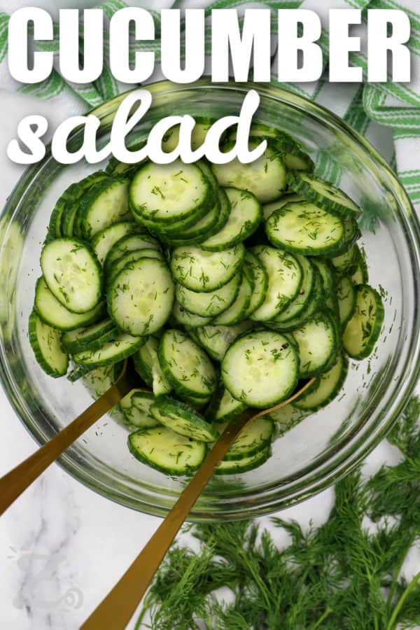 Our easy cucumber salad is a fresh and flavorful side that goes with almost any meal. The combination of crunchy cucumbers, white wine vinegar, black pepper, and dill creates a refreshing salad that is always a crowd pleaser. It is perfect for cookouts, potlucks, or simple weeknight dinners. Give this recipe a try and enjoy it soon. #ourzestylife mixing Easy Cucumber Salad in a glass bowl with a title