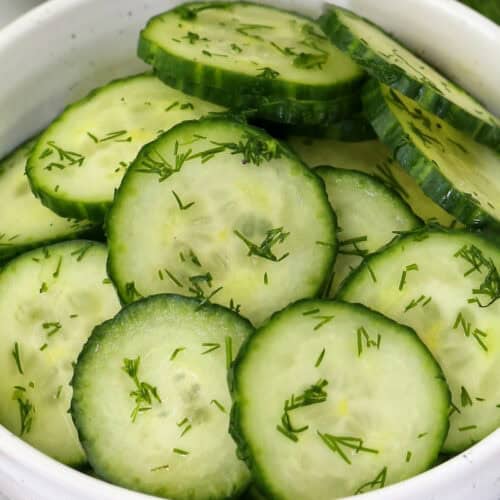 close up of Easy Cucumber Salad with dill