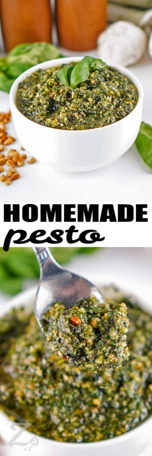 Homemade Pesto in a bowl and on a spoon with a title
