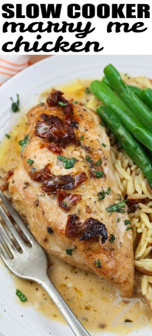Slow Cooker Marry Me Chicken with rice and a fork on a plate with a title