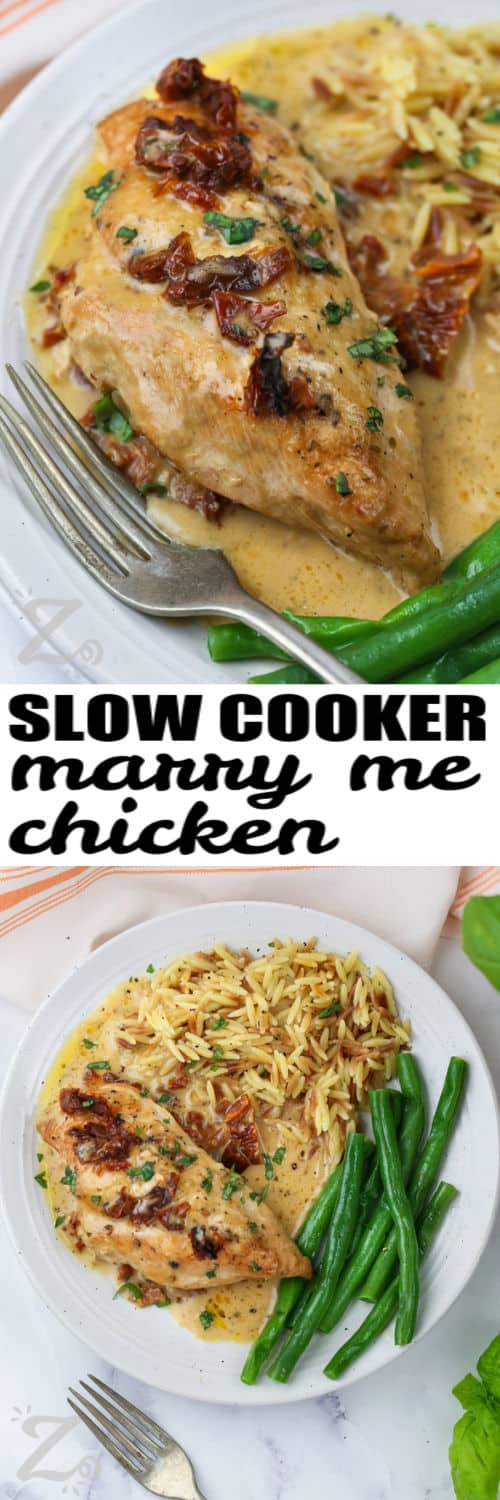 Slow Cooker Marry Me Chicken on a plate and top photo close up with a title