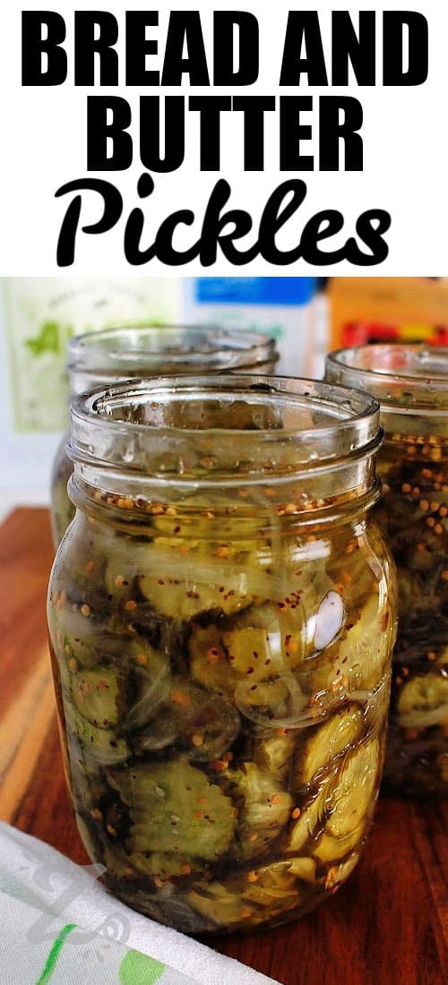 Turn fresh cucumbers into sweet, tangy pickles with this Bread and Butter Pickles recipe! Whether you're harvesting from the garden or picking up cucumbers at the market, this easy pickle recipe is perfect for preserving summer's bounty. With just a few ingredients and simple instructions you can make either refrigerator pickles to be enjoyed within 3 months, or try the canning method for long term pantry storage. #ourzestylife bread and butter pickles recipe before being processed in mason jars with a title
