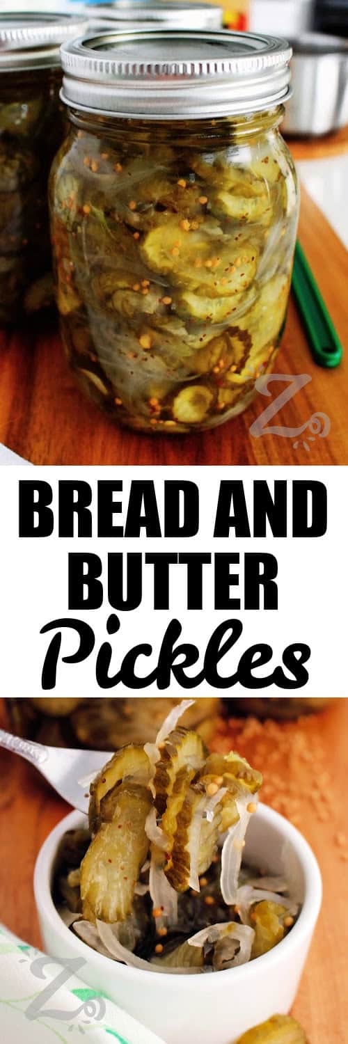 Homemade Bread and Butter Pickles are easier to make than you think! Using fresh cucumbers, onions, sugar, and warm spices, these crisp and crunchy pickles are perfect for beginners and make a delicious addition to a charcuterie board or just on a bbq burger. Use the refrigerator method, or the canning method. Your pick! #ourzestylife bread and butter pickles recipe sealed in a mason jar, and bread and butter pickles on a fork under the title