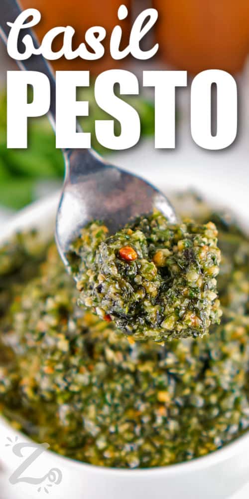 basil Homemade Pesto on a spoon with a title