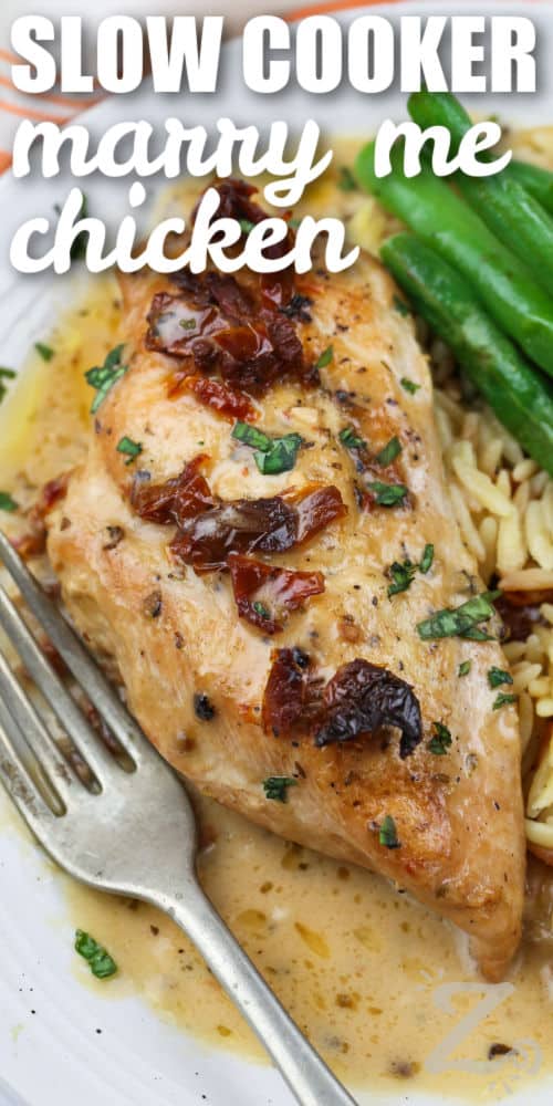 close up of Slow Cooker Marry Me Chicken with a title