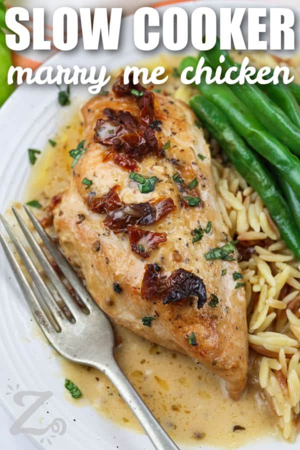 close up of creamy Slow Cooker Marry Me Chicken with writing