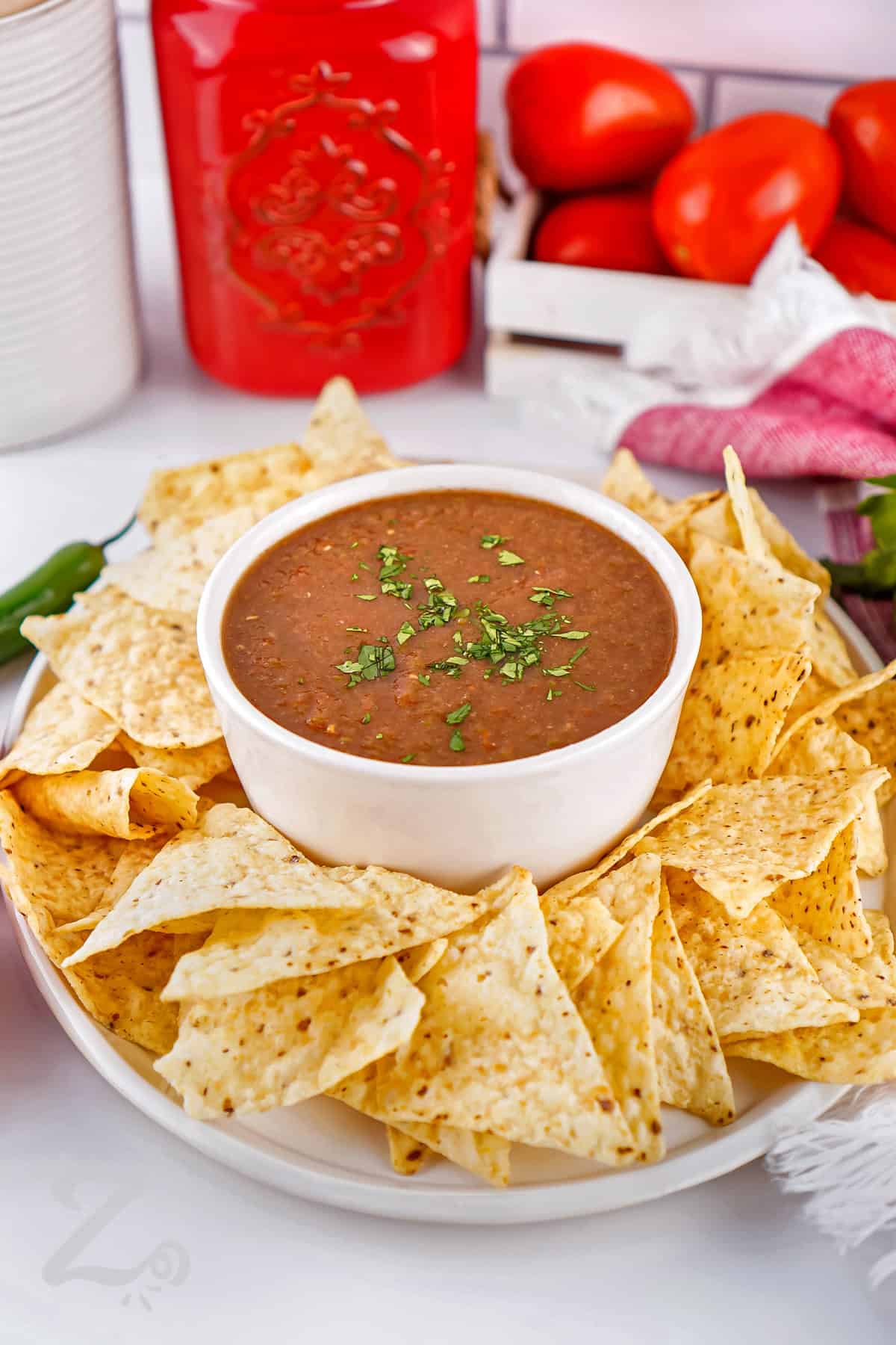 bowl of Blender Salsa with tortilla chips
