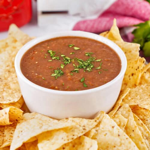 plate of tortilla chips with Blender Salsa