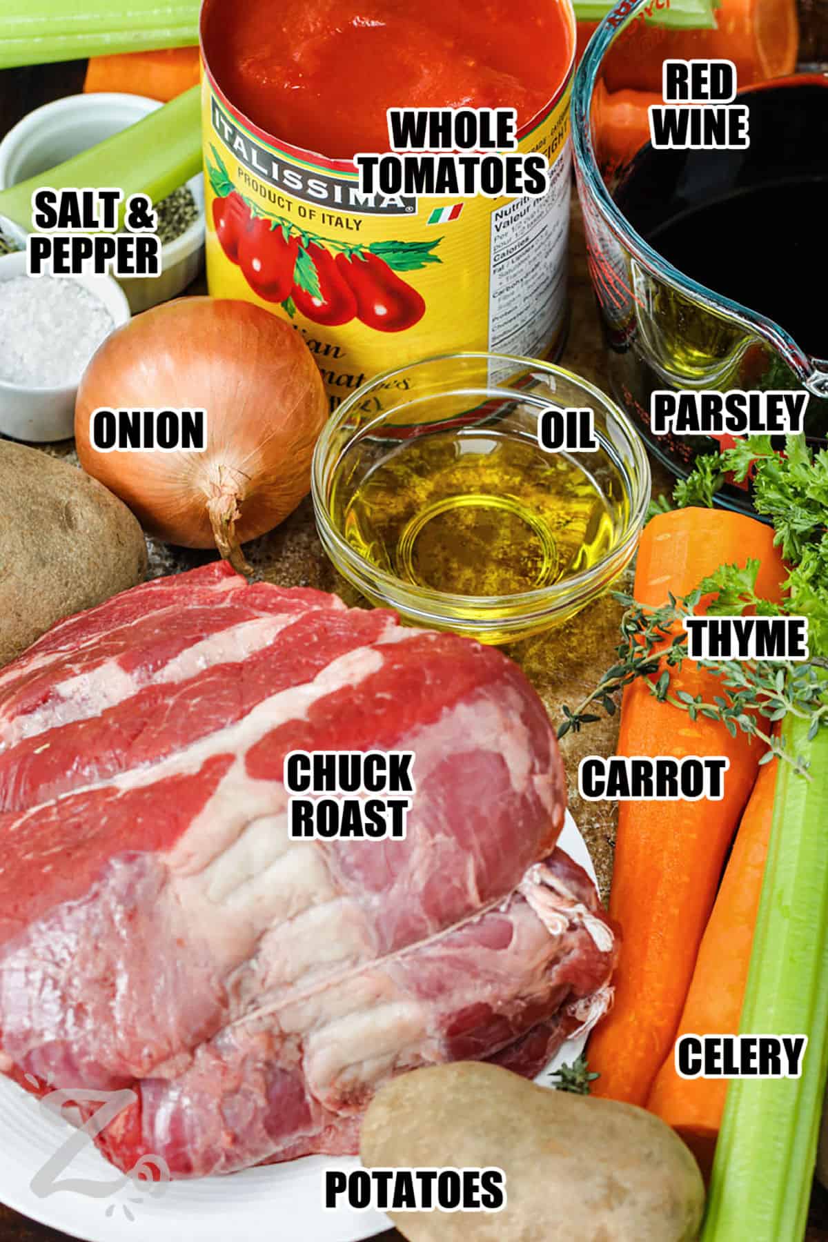 whole tomatoes , red wine , oil , parsley , thyme , carrot , celery , potatoes , chuck roast , onion , salt and pepper with labels to make Best Pot Roast