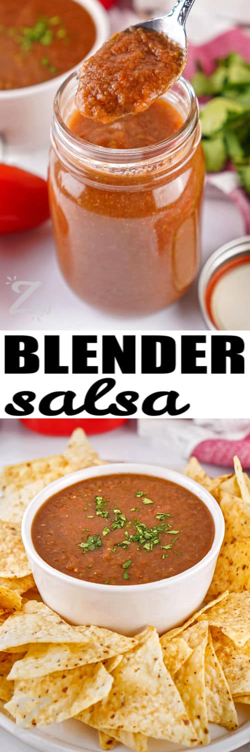 Blender Salsa in a jar and in a bowl with chips and a title