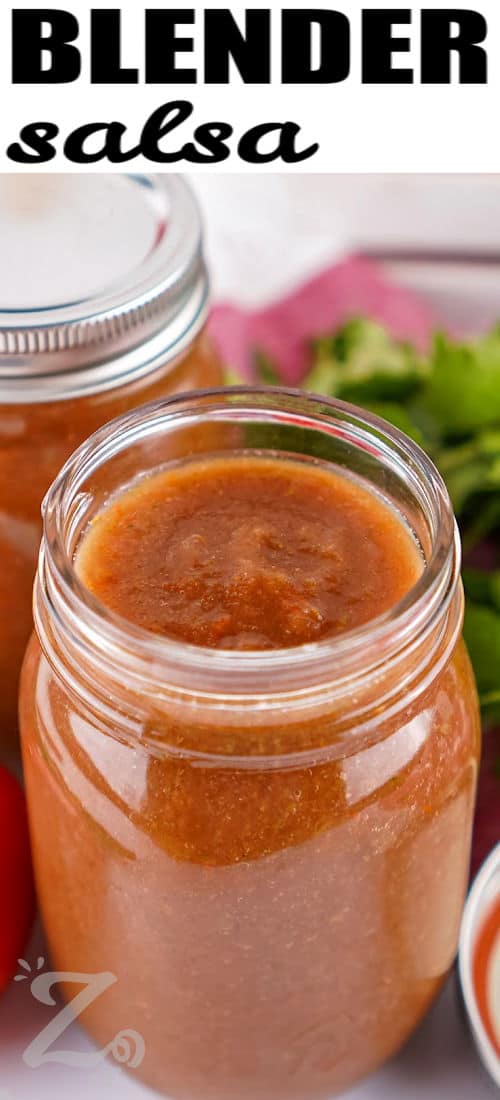 Blender Salsa in jars with a title