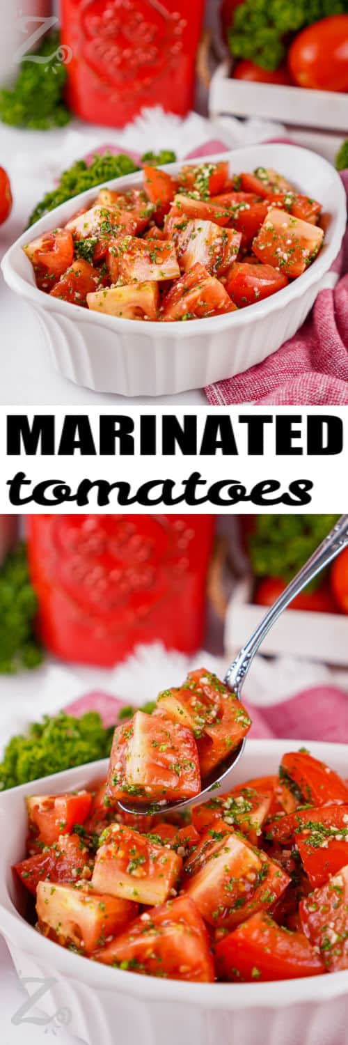 Marinated tomatoes make a simple side dish that is full of fresh, zesty flavor. Ripe Roma tomatoes are tossed with olive oil, lemon juice, fresh parsley, garlic, and salt for an easy combination that works with so many meals. Spoon them over toasted bread, serve them beside grilled meats, or add them to a summer spread. Try this fresh tomato recipe for your next meal. #ourzestylife Marinated Tomatoes in the dish and bottom photo on a spoon with a title