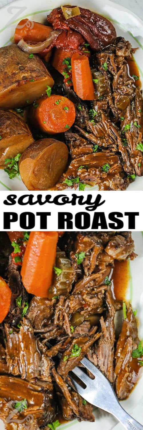 plated Best Pot Roast with potatoes and carrots , bottom photo close up with a title
