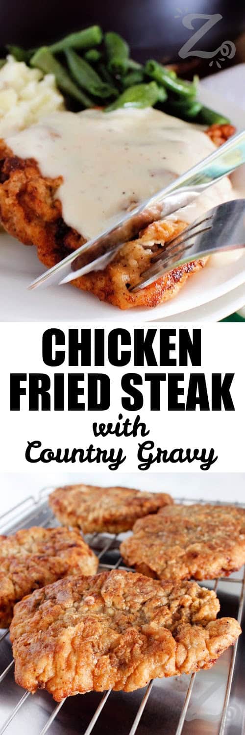 chicken fried steak with country gravy, where a knife and fork are slicing off a piece, fried steak on a wire rack under the title
