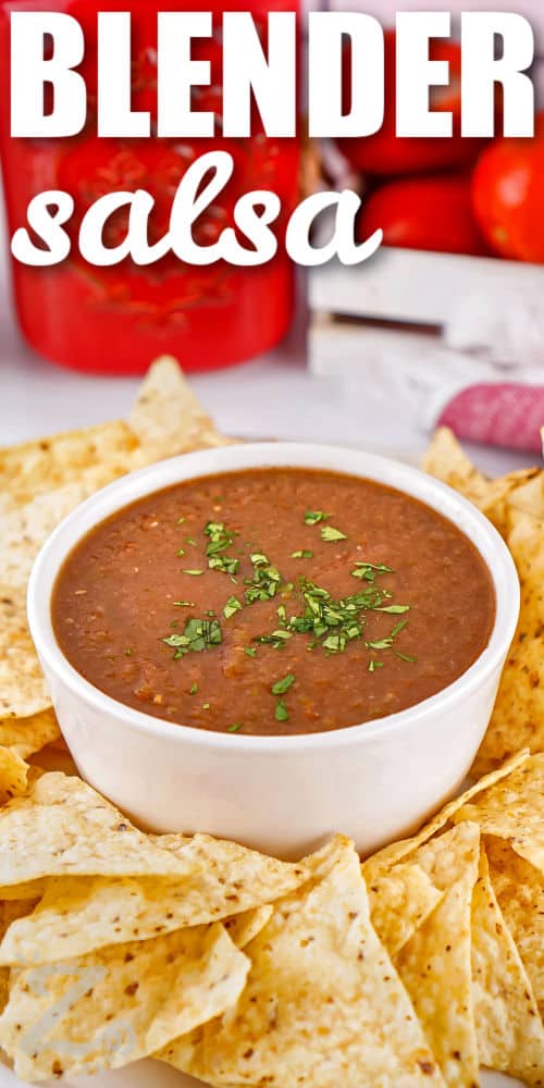 Blender Salsa in a bowl with tortilla chips around it and a title