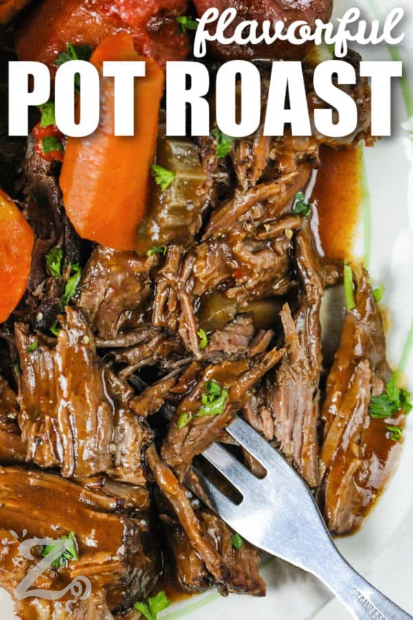 flavorful Best Pot Roast on a plate with a fork and a title