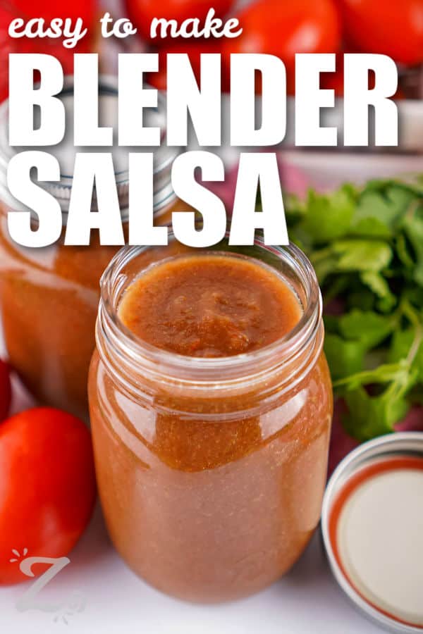 easy to make Blender Salsa in jars with a title
