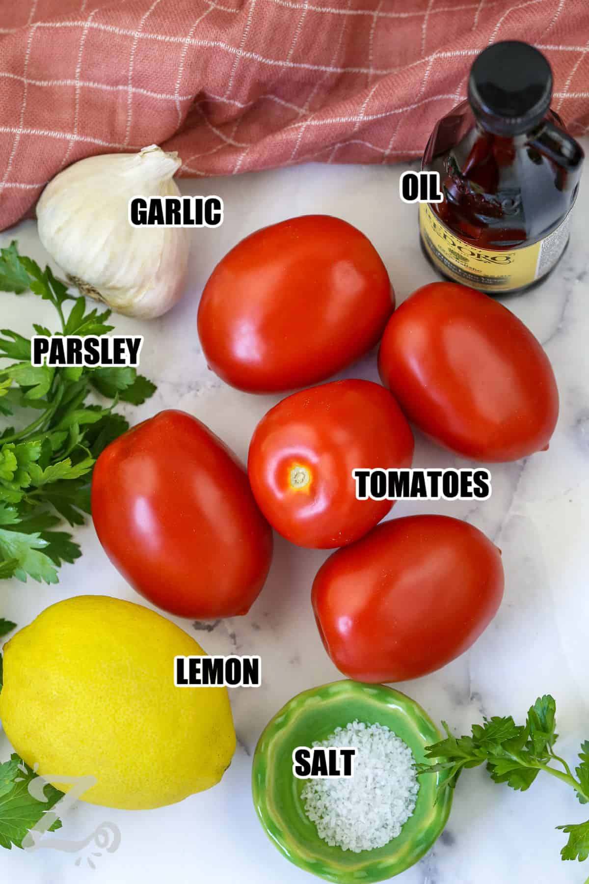 Easy marinated tomatoes combine juicy Roma tomatoes with garlic, lemon, parsley, and olive oil for plenty of bright flavor. The marinade lets the tomatoes soak up every delicious ingredient while keeping their fresh taste front and center. Serve with grilled chicken, fish, or your favorite summer meals. Save this easy recipe and make it soon. #ourzestylife garlic , parsley , tomatoes , lemon , salt , oil with labels to make Marinated Tomatoes.