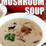 Homemade cream of mushroom soup in a white bowl and garnished with a mushroom and fresh parsley, with a title.